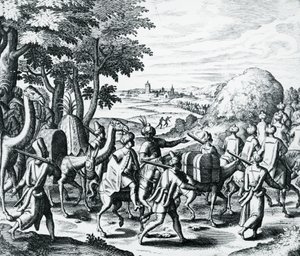 Karawane arabischer Händler von Aleppo nach Basra, Stich aus Grands und Petits Voyages von Theodor de Bry, Naher Osten von Theodore de Bry