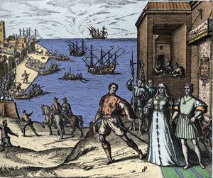Christoph Kolumbus und die Brüder Pinzon verlassen den Hafen von Palos in Spanien am 03.08.1492 in die Neue Welt. Rechts der König und die Königin von Portugal, Ferdinand II. von Aragon und Isabella I. von Kastilien. Gravur von Theodore de Bry in „Admirant von Theodore de Bry