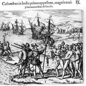Christoph Kolumbus erreicht die Westindischen Inseln (Gravur von Theodore de Bry in Admirante Narratio - Americae) von Theodore de Bry