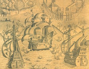 Zusammenstoß zwischen französischen und portugiesischen Schiffen im Atlantik um den Besitz Brasiliens von Theodore de Bry