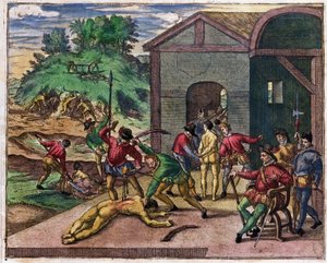 Grausamkeit der spanischen Kolonisten gegenüber den Indianern, Mexiko, ca. 1550