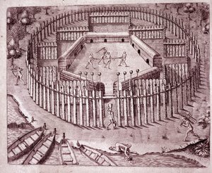 Verteidigungssystem der Indianerhütten durch eine doppelte Reihe von Baumstämmen. Die abgetrennten Köpfe der Feinde sind oben platziert (Gravur) von Theodore de Bry