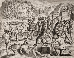 Beschreibung der von spanischen Siedlern an Indianern verübten Verbrechen - Konquistadoren massakrieren ein indianisches Dorf. Amputationen der Hände - Gravur von Theodore de Bry in „Narratio regionum indicarum per Hispanos quosdam devastatarum verissima“ 