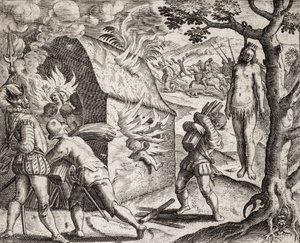 Beschreibung der von spanischen Siedlern an Indianern verübten Verbrechen - Brand eines Indianerdorfes durch die Konquistadoren. Hängen - Gravur von Theodore de Bry in „Narratio regionum indicarum per Hispanos quosdam devastatarum verissima“ von Bartolome  von Theodore de Bry