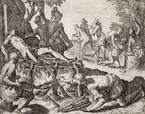Beschreibung der von spanischen Siedlern an Indianern verübten Verbrechen - Szene der Folterung von Indianern durch spanische Konquistadoren. Folter auf einem Grill, Amputation von Händen - Gravur von Theodore de Bry in „Narratio regionum indicarum per His