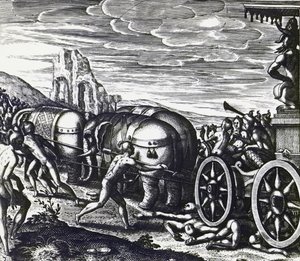 Gläubige werden während der Prozession des Idols von einem Wagen zerquetscht, von Theodor de Bry, Stich