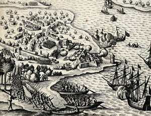 Niederländische Expedition entlang der Küste von Mosambik, Stich aus India orientalis von Theodor de Bry (1528-1598) von Theodore de Bry