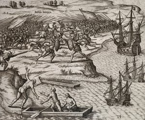 Kampf zwischen Christoph Kolumbus und Francesco Poresio in Jamaika, Stich von Theodor de Bry (1528-1598) von Theodore de Bry