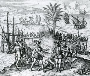 Francisco de Bobadilla kommt als Gouverneur an und verhaftet Christoph Kolumbus (1451-1506) in Hispaniola, 1500, 1590