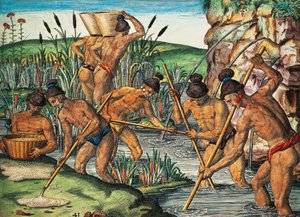 Goldgräber in Florida, Farbstich von Theodor de Bry (1528-1598) nach einem Gemälde von Jacques le Moyne de Morgues (ca. 1533-vor 1588), aus Brevis Narratio von Theodore de Bry