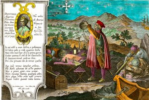 Geschichte Amerikas: Amerigo Vespucci, italienischer Kaufmann und Navigator, benutzt sein Astrolabium, um das Kreuz des Südens zu messen. Links ein Porträt des italienischen Dichters Dante Alighieri und ein Auszug aus dem ersten Gesang der Göttlichen Komöd von Theodore de Bry