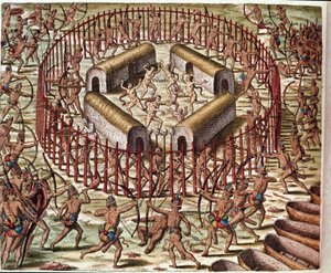 Ein Indianerdorf in Virginia. Gravur aus „Admirante Narratio Americae“ von Theodore de Bry (1528-1598) von Theodore de Bry