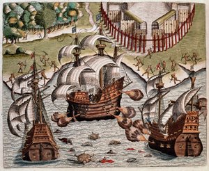 Geschichte Amerikas: „Schlacht zwischen den portugiesischen und französischen Flotten vor der Küste Brasiliens in den Potiguaran-Meeren“ Bericht über die Reisen von Hans Staden, deutscher Entdecker, der mit den spanischen Flotten nach Brasilien reiste, gef von Theodore de Bry