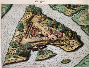 Geschichte Amerikas: „Bau eines dreieckigen Forts durch die französischen Armeen von Jean Ribault nahe dem St. John River in Florida“. Gravur aus „Admirante Narratio Americae“ von Theodore de Bry von Theodore de Bry
