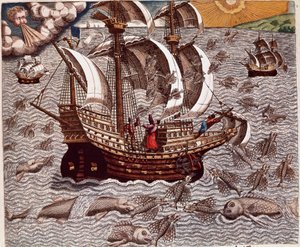 Geschichte Amerikas: „Reise spanischer Karavellen umgeben von fliegenden Fischen“ Bericht über die Reisen von Hans Staden, einem deutschen Entdecker, der mit den spanischen Flotten nach Brasilien reiste und von den Tupinamba-Indianern gefangen genommen wur von Theodore de Bry