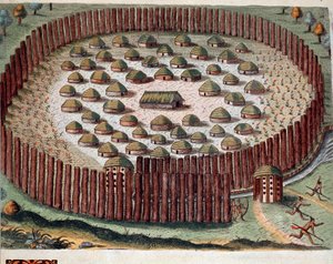 Geschichte Amerikas: „Darstellung eines befestigten Indianerdorfes in Florida“ Gravur aus „Admirante Narratio Americae“ von Theodor de Bry (1528-1598) von Theodore de Bry