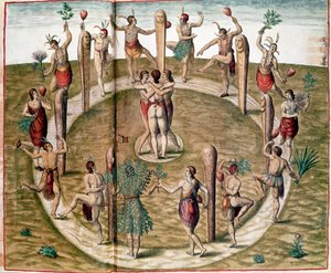 Ritualtanz zur Feier der Freundschaft. Gravur von Theodore de Bry (1528-1598). 16. Jahrhundert. Vincennes, Historisches Marinemuseum von Theodore de Bry