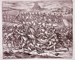 Geschichte Amerikas: Kämpfe zwischen den Armeen von Vaca de Castro und Almagro junior nach dem Tod von Francisco Pizarro und Diego de Almagro (Gravur)