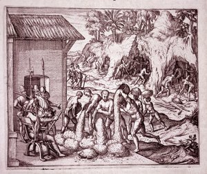 Geschichte Amerikas: Die Spanier nutzen die Goldminen aus (Gravur) von Theodore de Bry