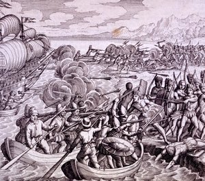 Wie die Spanier auf der Insel Haiti landeten, mit 400 Mann, was zu einer großen Schlacht mit den Einheimischen führte, Illustration aus 