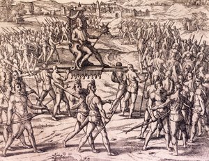 Inka-Kaiser Atahualpa wird von Francisco Pizarros spanischen Truppen besiegt, Peru, Gravur aus der Amerikanischen Geschichte von Theodor de Bry von Theodore de Bry