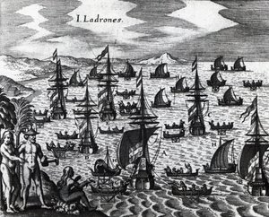Inseln der Diebe (Islas de los Ladrones, heute Marianeninseln), Gravur aus Peregrinationes von Theodor de Bry, 16. Jahrhundert
