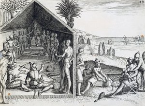 König empfängt europäische Besucher, Kap Lopez, Gabun, Stich aus India orientalis von Theodor de Bry, Afrika von Theodore de Bry