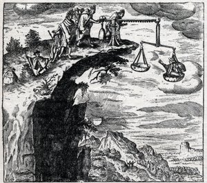 Methode zur Erzwingung eines Geständnisses von einem Verbrecher in Südamerika zur Zeit der Ankunft der Spanier; aus „Travels“ von Theodore de Bry (1528-1598)