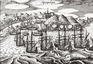 Mexiko, Blick auf Acapulco - Mexiko (Aquapolque), Theodore de Bry, ca. 1630. Frühe Ansicht der kolonialen Siedlung in Acapulco, die die Spanier als Hauptort für ihren Pazifikhandel mit den Philippinen nutzten. Der Hafen ist gefüllt mit Galeonen und einer g von Theodore de Bry