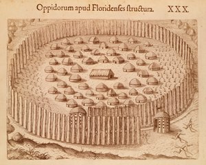 Einheimisches Dorf in Florida, Illustration aus The Discourse of Florida von Theodore de Bry von Theodore de Bry