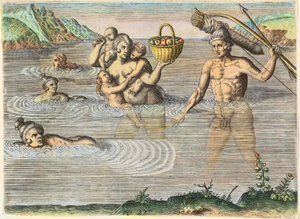 Eingeborene in Florida: eine Familie schwimmt von einer Insel zur anderen. Aus „Americae“, Teil II von Theodore de Bry