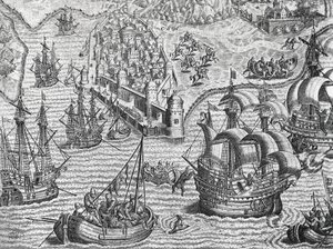 Seeschlacht, Gravur aus der Amerikanischen Geschichte von Theodor de Bry von Theodore de Bry