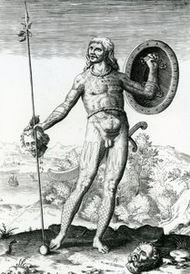 Piktischer Mann, der einen menschlichen Kopf hält von Theodore de Bry