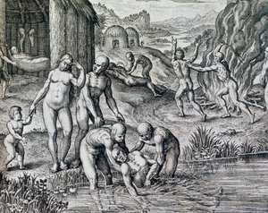 Heilmittel der Eingeborenen gegen Krankheiten, Stich aus Historia America, von Theodor de Bry (1528-1598), Frankfurt von Theodore de Bry