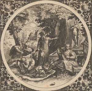 Szene mit einer Warnung vor Geschlechtskrankheiten in einem Kreis in der Mitte, 1580-1600 von Theodore de Bry