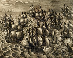 Spanische Armada unter dem Kommando von Rodrigo Mendoza, Stich von Theodore de Bry, aus History of America von Theodore de Bry, Spanien, 1602