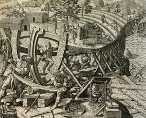 Spanische Seeleute bauen eine Karavelle, Gravur aus Historia Americae, von Theodor de Bry von Theodore de Bry