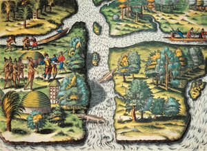 Die Franzosen helfen den Einheimischen, Nahrung zu beschaffen von Theodore de Bry