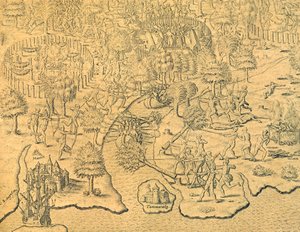 Der portugiesische Vorstoß ins Landesinnere und der Angriff eines einheimischen Stammes von Theodore de Bry