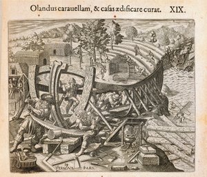 Die Spanier bauen ihr erstes Schiff in der Neuen Welt, Gravur aus Americae pars quarta, sive, Insignis et admiranda historia de reperta primum Occidentali India Christophoro Columbo von Theodore de Bry
