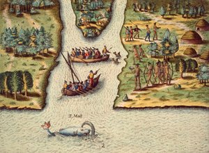 Die Ankunft der Franzosen, Gravur von Theodore de Bry (1528-1598), aus The Discourse of Florida von Theodore de Bry