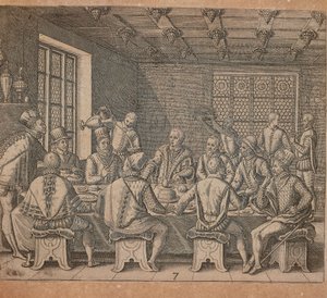 Das Ei des Kolumbus, Gravur von Theodor de Bry aus Americae pars quarta, von Girolamo Benzoni