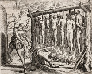 Dreizehn gehängte und verbrannte Opfer, Darstellung der von spanischen Siedlern an Indianern verübten Verbrechen aus 