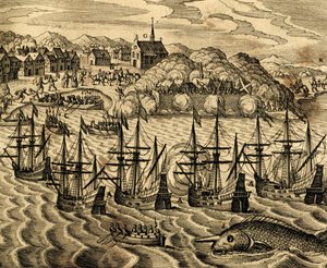 Ansicht des Hafens von Acapulco in Mexiko, Stich aus Historia Americae, von Theodor de Bry (1528-1598), Frankfurt von Theodore de Bry