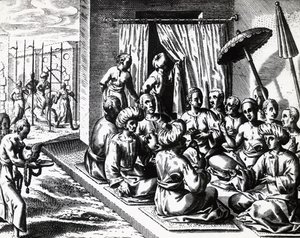 Hochzeitszeremonie in Bantam, Insel Java, von Theodor de Bry, Stich von Theodore de Bry