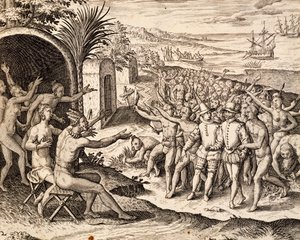 Begrüßung der Niederländer, Gravur aus dem Werk India orientalis, von Theodor de Bry, Indonesien von Theodore de Bry