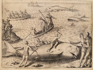 Walfang bei Spitzbergen, Gravur von Theodor de Bry aus India Orientalis von Theodore de Bry