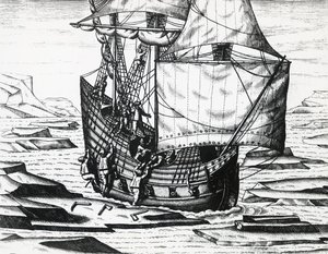 Schiff von William Barents während der dritten niederländischen Expedition auf der Suche nach der Nordostpassage, von Theodor de Bry, Stich von Theodore de Bry