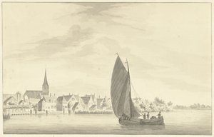 Das Dorf Gouderak mit einem segelnden Schiff im Vordergrund von Theodorus Cornelis Schutter