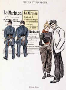 Mädchen und Marlou: ein Zuhälter und eine Prostituierte hinter zwei Polizisten. In „In Life“ von Steinlen von Théophile Alexandre Steinlen